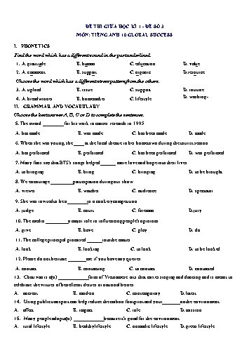 Đề thi giữa học kì 1 môn Tiếng Anh Lớp 10 (Global Success) - Đề số 3 (Có đáp án)