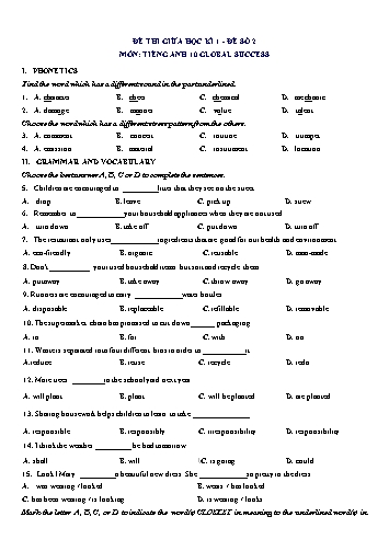 Đề thi giữa học kì 1 môn Tiếng Anh Lớp 10 (Global Success) - Đề số 2 (Có đáp án)