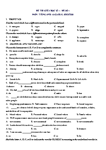 Đề thi giữa học kì 1 môn Tiếng Anh Lớp 10 (Global Success) - Đề số 1 (Có đáp án)