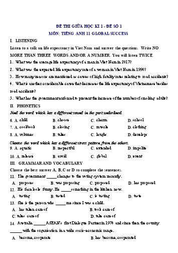 Đề thi giữa học kì 1 môn Tiếng Anh Lớp 11 (Global Success) - Đề số 1 (Có đáp án)