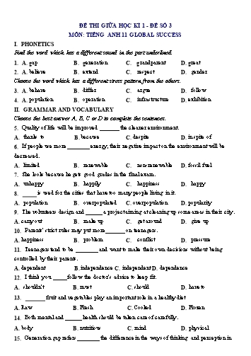 Đề thi giữa học kì 1 môn Tiếng Anh Lớp 11 (Global Success) - Đề số 3 (Có đáp án)