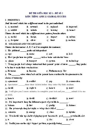 Đề thi giữa học kì 1 môn Tiếng Anh Lớp 11 (Global Success) - Đề số 2 (Có đáp án)