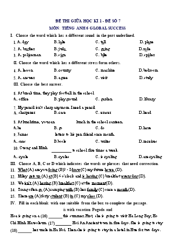 Đề thi giữa học kì 1 môn Tiếng Anh Lớp 6 (Global Success) - Đề số 7 (Có đáp án)