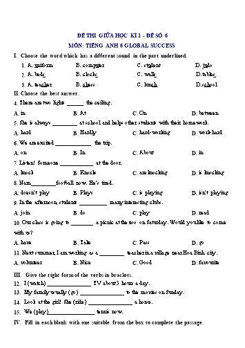 Đề thi giữa học kì 1 môn Tiếng Anh Lớp 6 (Global Success) - Đề số 6 (Có đáp án)