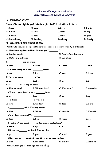 Đề thi giữa học kì 1 môn Tiếng Anh Lớp 6 (Global Success) - Đề số 5 (Có đáp án)