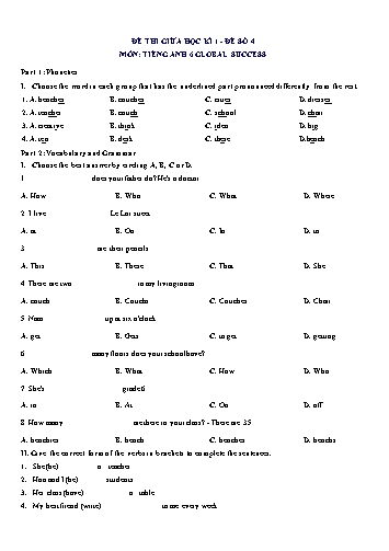 Đề thi giữa học kì 1 môn Tiếng Anh Lớp 6 (Global Success) - Đề số 4 (Có đáp án)