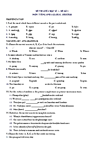 Đề thi giữa học kì 1 môn Tiếng Anh Lớp 6 (Global Success) - Đề số 2 (Có đáp án)