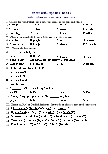 Đề thi giữa học kì 1 môn Tiếng Anh Lớp 6 (Global Success) - Đề số 8 (Có đáp án)