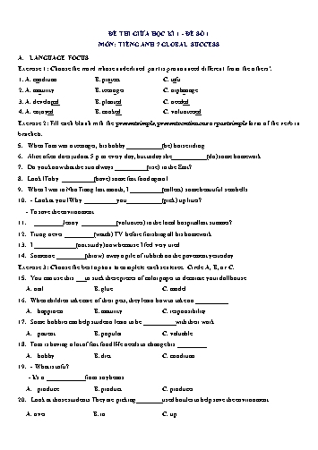 Đề thi giữa học kì 1 môn Tiếng Anh Lớp 7 (Global Success) - Đề số 1 (Có đáp án)