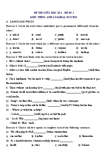 Đề thi giữa học kì 1 môn Tiếng Anh Lớp 8 (Global Success) - Đề số 1 (Có đáp án)