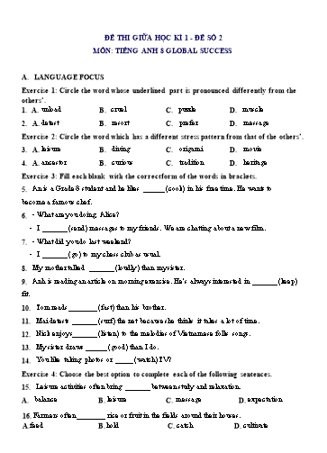 Đề thi giữa học kì 1 môn Tiếng Anh Lớp 8 (Global Success) - Đề số 2 (Có đáp án)