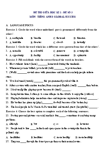 Đề thi giữa học kì 1 môn Tiếng Anh Lớp 8 (Global Success) - Đề số 3 (Có đáp án)