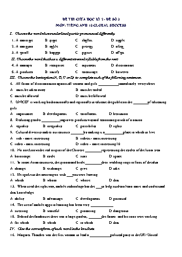 Đề thi giữa học kì 2 môn Tiếng Anh Lớp 10 (Global Success) - Đề số 3 (Có đáp án)
