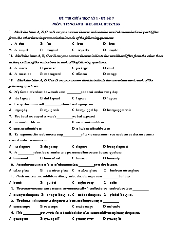 Đề thi giữa học kì 2 môn Tiếng Anh Lớp 10 (Global Success) - Đề số 7 (Có đáp án)