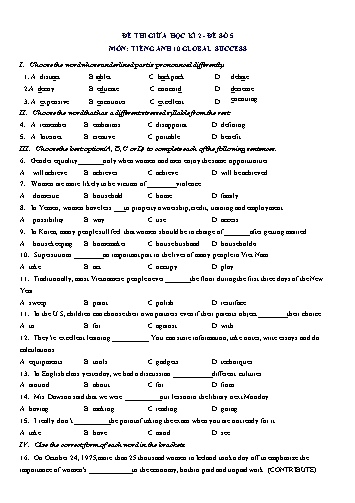 Đề thi giữa học kì 2 môn Tiếng Anh Lớp 10 (Global Success) - Đề số 5 (Có đáp án)