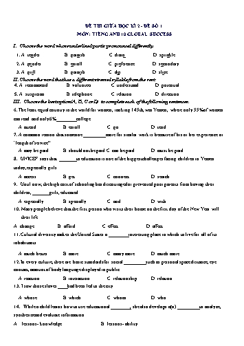 Đề thi giữa học kì 2 môn Tiếng Anh Lớp 10 (Global Success) - Đề số 1 (Có đáp án)