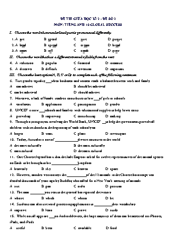 Đề thi giữa học kì 2 môn Tiếng Anh Lớp 10 (Global Success) - Đề số 2 (Có đáp án)