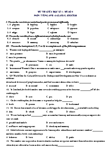 Đề thi giữa học kì 2 môn Tiếng Anh Lớp 10 (Global Success) - Đề số 4 (Có đáp án)