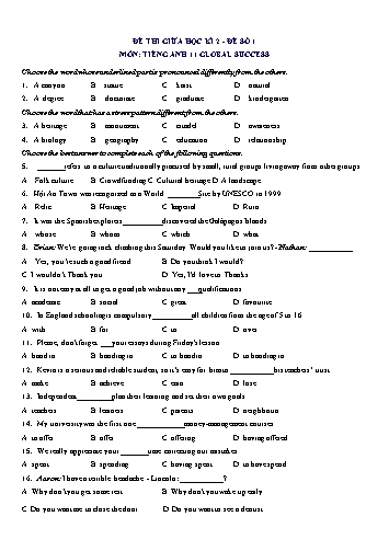 Đề thi giữa học kì 2 môn Tiếng Anh Lớp 11 (Global Success) - Đề số 1 (Có đáp án)