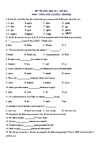 Đề thi giữa học kì 2 môn Tiếng Anh Lớp 6 (Global Success) - Đề số 6 (Có đáp án)