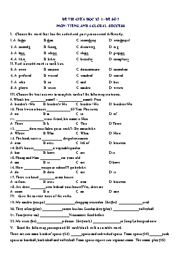 Đề thi giữa học kì 2 môn Tiếng Anh Lớp 6 (Global Success) - Đề số 7 (Có đáp án)