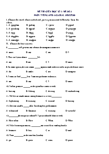 Đề thi giữa học kì 2 môn Tiếng Anh Lớp 6 (Global Success) - Đề số 3 (Có đáp án)