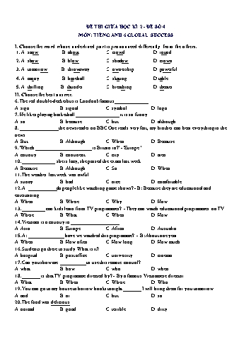 Đề thi giữa học kì 2 môn Tiếng Anh Lớp 6 (Global Success) - Đề số 4 (Có đáp án)