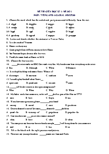 Đề thi giữa học kì 2 môn Tiếng Anh Lớp 6 (Global Success) - Đề số 2 (Có đáp án)