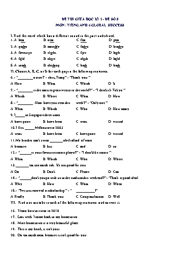 Đề thi giữa học kì 2 môn Tiếng Anh Lớp 6 (Global Success) - Đề số 8 (Có đáp án)