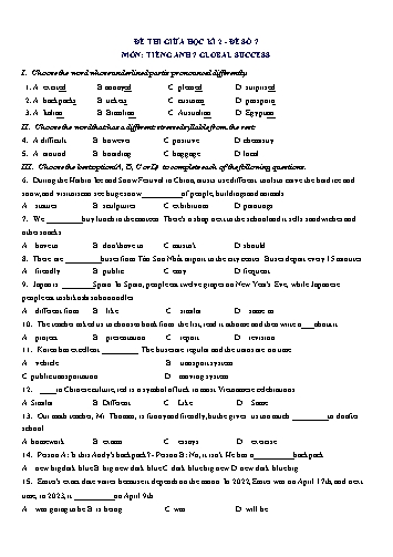 Đề thi giữa học kì 2 môn Tiếng Anh Lớp 7 (Global Success) - Đề số 7 (Có đáp án)