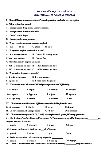 Đề thi giữa học kì 2 môn Tiếng Anh Lớp 7 (Global Success) - Đề số 6 (Có đáp án)