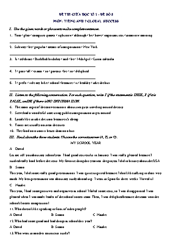 Đề thi giữa học kì 2 môn Tiếng Anh Lớp 7 (Global Success) - Đề số 8 (Có đáp án)