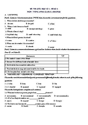 Đề thi giữa học kì 2 môn Tiếng Anh Lớp 8 (Global Success) - Đề số 5 (Có đáp án)