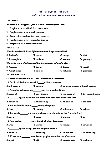 Đề thi học kì 1 môn Tiếng Anh Lớp 10 (Global Success) - Đề số 2 (Có đáp án)