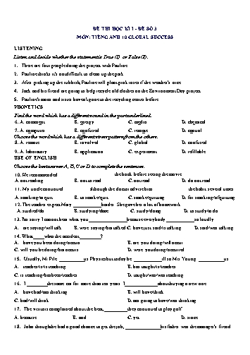 Đề thi học kì 1 môn Tiếng Anh Lớp 10 (Global Success) - Đề số 3 (Có đáp án)