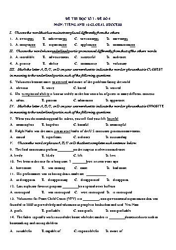 Đề thi học kì 1 môn Tiếng Anh Lớp 10 (Global Success) - Đề số 4 (Có đáp án)