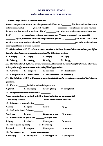 Đề thi học kì 1 môn Tiếng Anh Lớp 10 (Global Success) - Đề số 5 (Có đáp án)