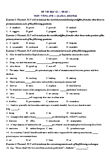 Đề thi học kì 1 môn Tiếng Anh Lớp 11 (Global Success) - Đề số 1 (Có đáp án)