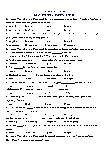 Đề thi học kì 1 môn Tiếng Anh Lớp 11 (Global Success) - Đề số 3 (Có đáp án)