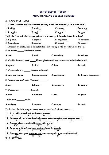 Đề thi học kì 1 môn Tiếng Anh Lớp 6 (Global Success) - Đề số 1 (Có đáp án)