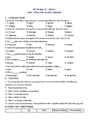 Đề thi học kì 1 môn Tiếng Anh Lớp 6 (Global Success) - Đề số 2 (Có đáp án)