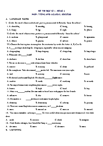Đề thi học kì 1 môn Tiếng Anh Lớp 6 (Global Success) - Đề số 3 (Có đáp án)
