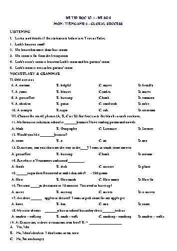Đề thi học kì 1 môn Tiếng Anh Lớp 6 (Global Success) - Đề số 8 (Có đáp án)