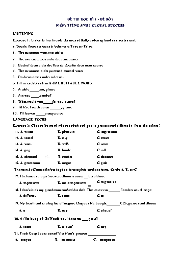 Đề thi học kì 1 môn Tiếng Anh Lớp 7 (Global Success) - Đề số 2 (Có đáp án)