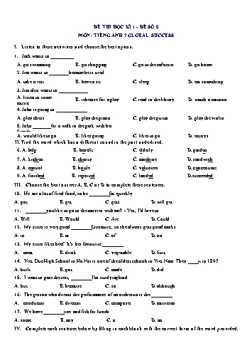 Đề thi học kì 1 môn Tiếng Anh Lớp 7 (Global Success) - Đề số 5 (Có đáp án)