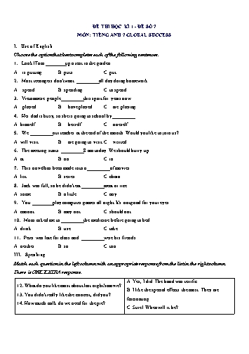 Đề thi học kì 1 môn Tiếng Anh Lớp 7 (Global Success) - Đề số 7 (Có đáp án)