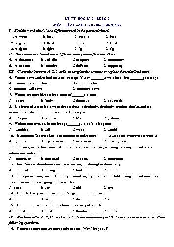 Đề thi học kì 2 môn Tiếng Anh Lớp 10 (Global Success) - Đề số 2 (Có đáp án)