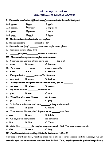 Đề thi học kì 2 môn Tiếng Anh Lớp 6 (Global Success) - Đề số 1 (Có đáp án)