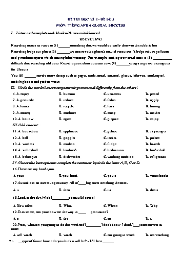 Đề thi học kì 2 môn Tiếng Anh Lớp 6 (Global Success) - Đề số 3 (Có đáp án)