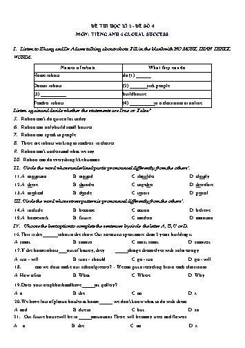 Đề thi học kì 2 môn Tiếng Anh Lớp 6 (Global Success) - Đề số 4 (Có đáp án)